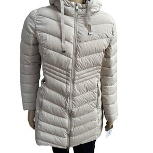 Lauren Ralph Lauren Beige Nude Stretch Puffer Long Coat Jacket Hooded Women's L
